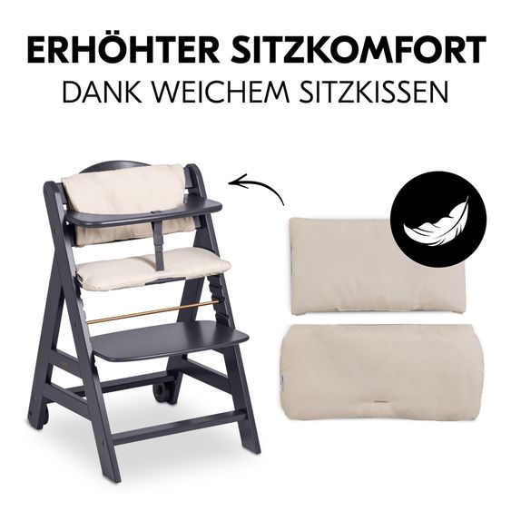 Hauck Beta Plus Dark Grey 5-tlg. Newborn Set - Hochstuhl + 2in1 Neugeborenen-Aufsatz & Wippe Premium + Essbrett + Sitzkissen - Light Grey