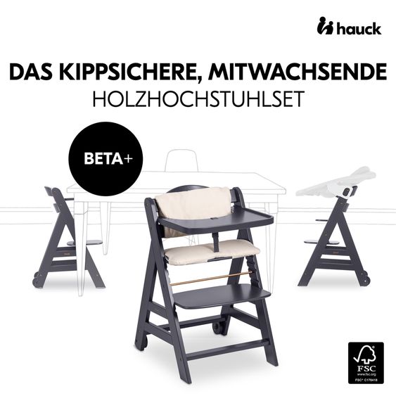 Hauck Beta Plus Dark Grey 5-tlg. Newborn Set - Hochstuhl + 2in1 Neugeborenen-Aufsatz & Wippe Premium + Essbrett + Sitzkissen - Light Grey