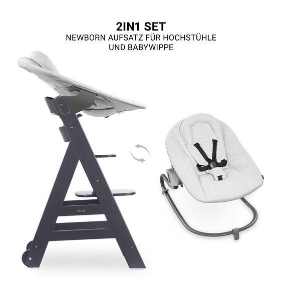 Hauck Beta Plus Dark Grey 5-tlg. Newborn Set - Hochstuhl + 2in1 Neugeborenen-Aufsatz & Wippe Premium + Essbrett + Sitzkissen - Light Grey