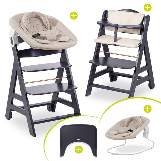 Hauck Set neonato 5 pezzi Beta Plus Grigio Scuro - Seggiolone + seggiolino e sdraietta 2in1 per neonati + tavola per mangiare + cuscino per sedersi - Disney - Winnie the Pooh Beige