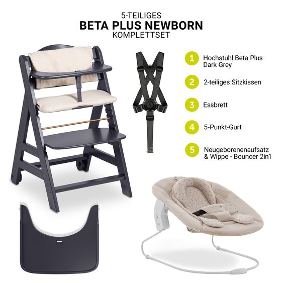 Hauck Beta Plus Dark Grey 5-piece Newborn Set - Highchair + 2in1 newborn attachment & bouncer + feeding board + seat cushion - Disney - Winnie the Pooh Beige