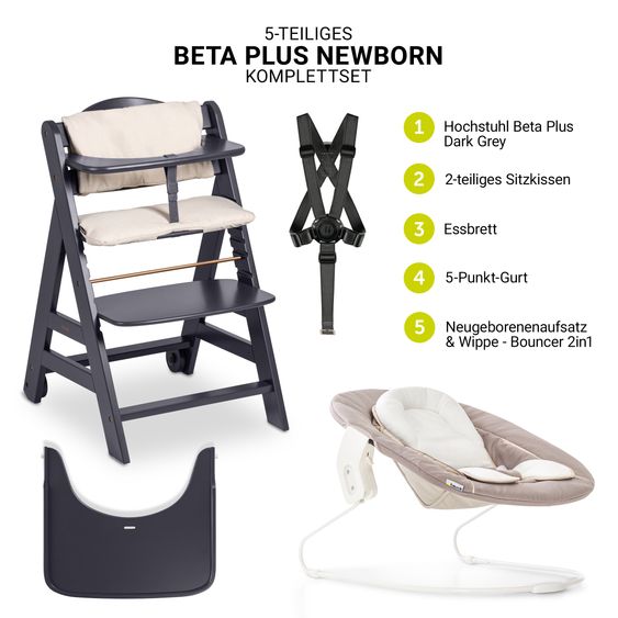 Hauck Set neonato 5 pezzi Beta Plus Grigio Scuro - Seggiolone + sdraietta 2in1 per neonati, tavoletta, cuscino per sedersi - Stretch Beige