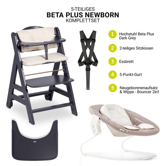 Hauck Beta Plus Dark Grey 5-tlg. Newborn Set - Hochstuhl + 2in1 Neugeborenen-Aufsatz & Wippe, Essbrett, Sitzkissen - Stretch Beige