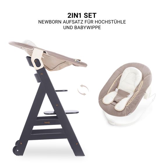 Hauck Set neonato 5 pezzi Beta Plus Grigio Scuro - Seggiolone + sdraietta 2in1 per neonati, tavoletta, cuscino per sedersi - Stretch Beige