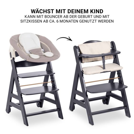 Hauck Beta Plus Dark Grey 5-tlg. Newborn Set - Hochstuhl + 2in1 Neugeborenen-Aufsatz & Wippe, Essbrett, Sitzkissen - Stretch Beige