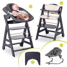 Beta Plus Dark Grey 5-tlg. Newborn Set - Hochstuhl + 2in1 Neugeborenen-Aufsatz & Wippe Premium, Essbrett, Sitzkissen - Dark Grey