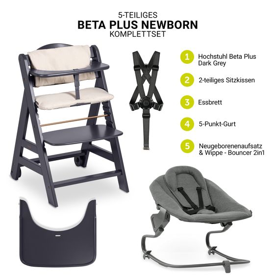 Hauck Set neonato Beta Plus Grigio Scuro 5 pezzi - Seggiolone + attacco neonato 2in1 e sdraietta Premium, tavoletta, cuscino per la seduta - Grigio Scuro