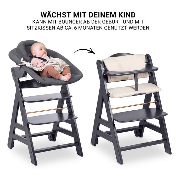 Hauck Beta Plus Dark Grey 5-tlg. Newborn Set - Hochstuhl + 2in1 Neugeborenen-Aufsatz & Wippe Premium, Essbrett, Sitzkissen - Dark Grey