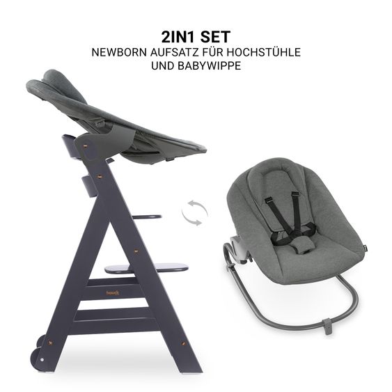 Hauck Beta Plus Dark Grey 5-tlg. Newborn Set - Hochstuhl + 2in1 Neugeborenen-Aufsatz & Wippe Premium, Essbrett, Sitzkissen - Dark Grey