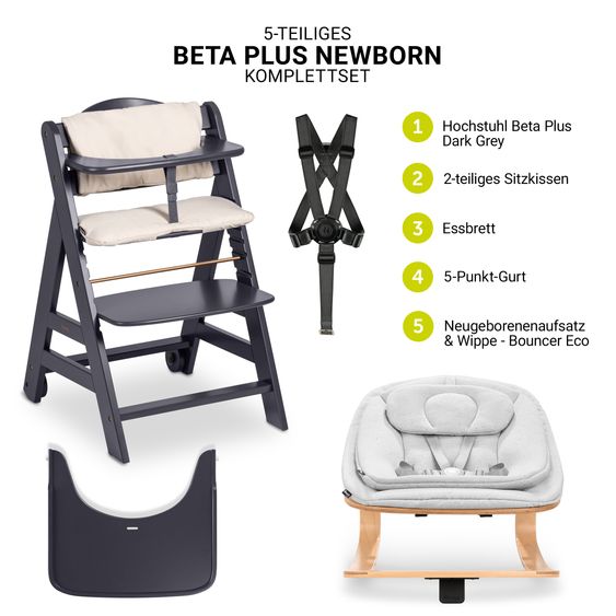 Hauck Beta Plus Grigio Scuro Set neonato 5 pezzi Eco - seggiolone + dondolo 2in1, tavola da pranzo, cuscino di seduta - Grigio chiaro