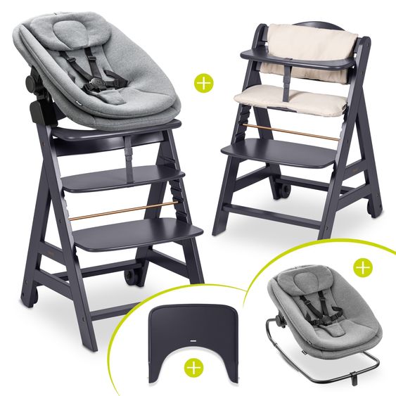 Hauck Beta Plus Dark Grey 5-piece newborn set - highchair + 2in1 baby attachment & rocker, dining board, seat cushion - Dark Grey Melange