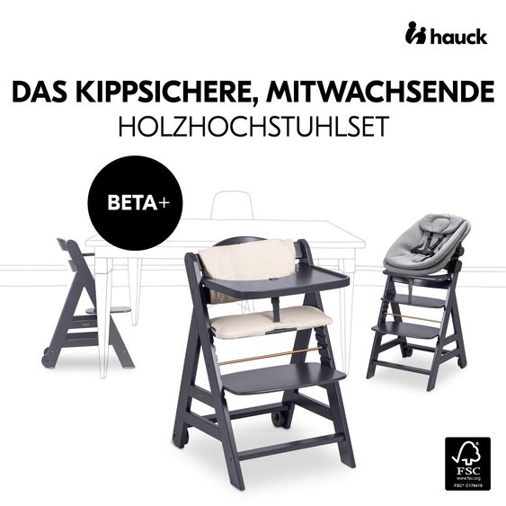 Hauck Beta Plus Dark Grey 5-piece newborn set - highchair + 2in1 baby attachment & rocker, dining board, seat cushion - Dark Grey Melange