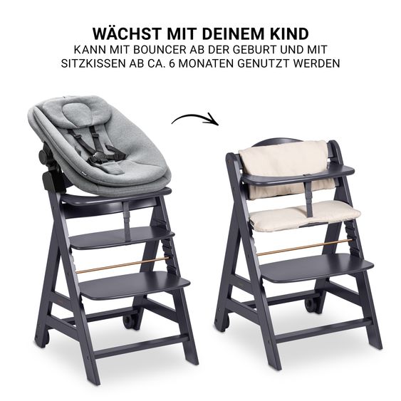 Hauck Beta Plus Dark Grey 5-piece newborn set - highchair + 2in1 baby attachment & rocker, dining board, seat cushion - Dark Grey Melange