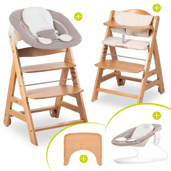 Hauck Beta Plus Natural 5-tlg. Newborn-Set - Hochstuhl + 2in1 Neugeborenen-Aufsatz & Wippe + Essbrett + Sitzpolster - Stretch Beige