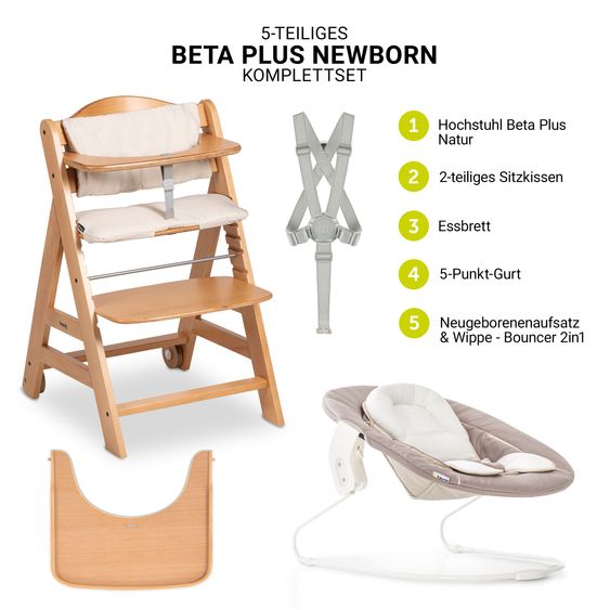 Hauck Beta Plus Natural 5-piece newborn set - high chair + 2in1 newborn attachment & bouncer + feeding board + seat cushion - Stretch Beige