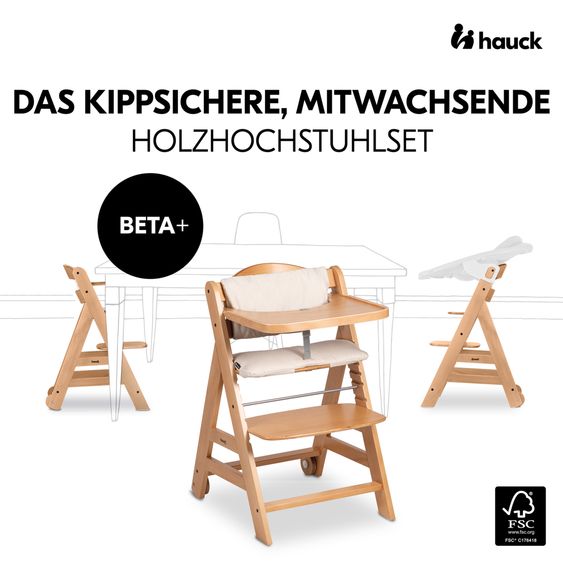 Hauck Beta Plus Natural 5-piece newborn set - high chair + 2in1 newborn attachment & bouncer + feeding board + seat cushion - Stretch Beige