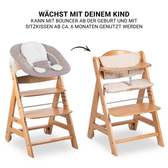 Hauck Beta Plus Natural 5-tlg. Newborn-Set - Hochstuhl + 2in1 Neugeborenen-Aufsatz & Wippe + Essbrett + Sitzpolster - Stretch Beige