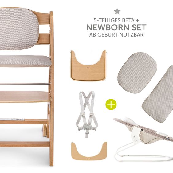 Hauck Beta Plus Natur Newborn Set - 5-tlg. Hochstuhl + Neugeboreneneinsatz & Wippe Stretch Beige + Essbrett + Sitzpolster