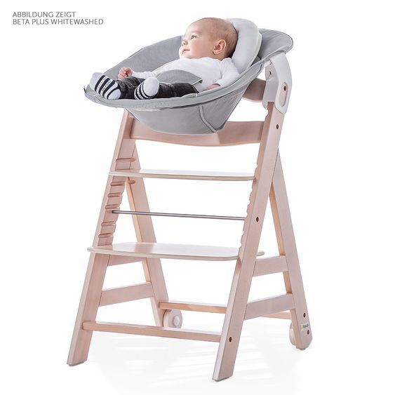 Hauck Beta Plus Natur Newborn Set - 5-tlg. Hochstuhl + Neugeboreneneinsatz & Wippe Stretch Beige + Essbrett + Sitzpolster