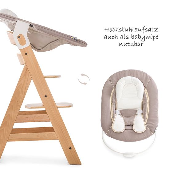 Hauck Beta Plus Natur Newborn Set - 5-tlg. Hochstuhl + Neugeboreneneinsatz & Wippe Stretch Beige + Essbrett + Sitzpolster