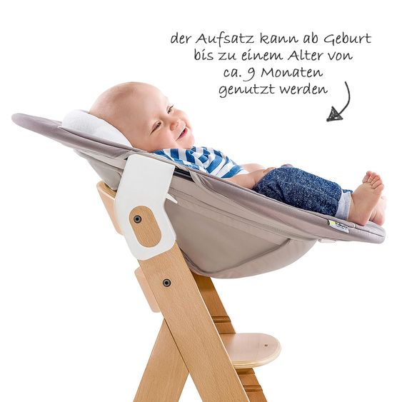 Hauck Beta Plus Natur Newborn Set - 5-tlg. Hochstuhl + Neugeboreneneinsatz & Wippe Stretch Beige + Essbrett + Sitzpolster