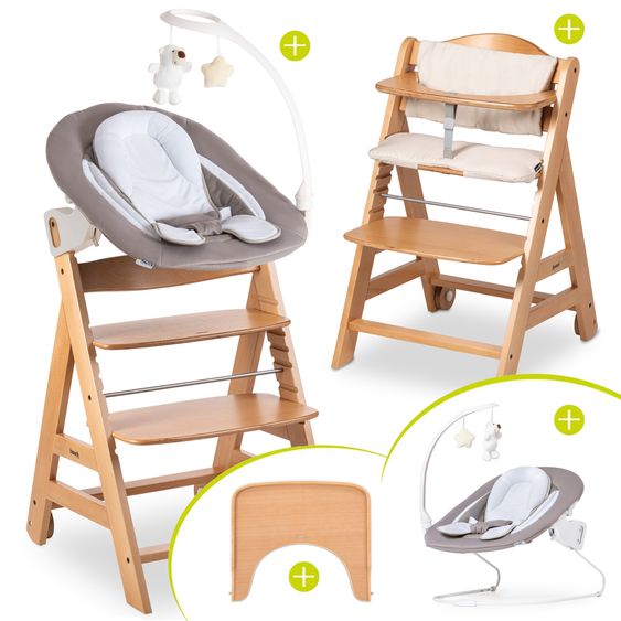 Hauck Beta Plus Natural 5-tlg. Newborn Set - Hochstuhl + 2in1 Neugeborenen-Aufsatz & Wippe Deluxe + Essbrett + Sitzpolster - Sand