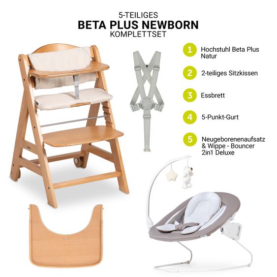 Hauck Beta Plus Natural 5-piece newborn set - high chair + 2in1 newborn attachment & bouncer deluxe + feeding board + seat cushion - sand