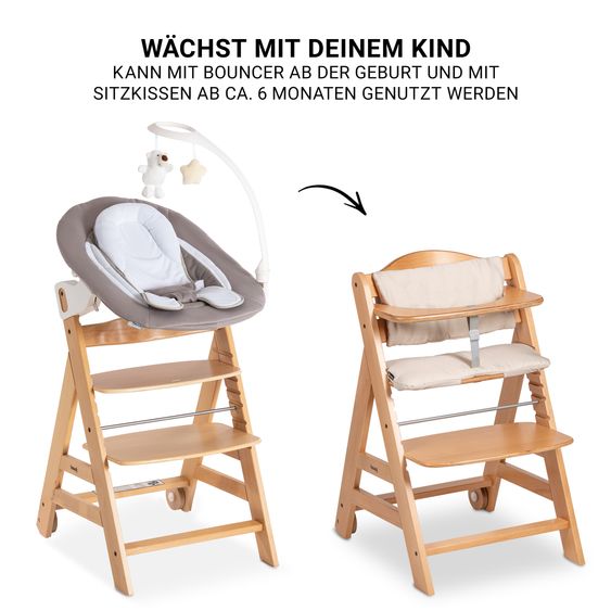 Hauck Beta Plus Natural 5-piece newborn set - high chair + 2in1 newborn attachment & bouncer deluxe + feeding board + seat cushion - sand