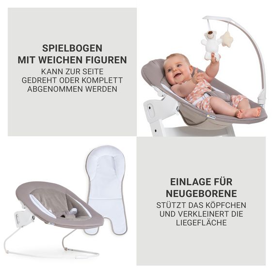 Hauck Beta Plus Natural 5-tlg. Newborn Set - Hochstuhl + 2in1 Neugeborenen-Aufsatz & Wippe Deluxe + Essbrett + Sitzpolster - Sand