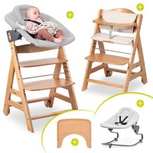 Beta Plus Natural 5-tlg. Newborn Set - Hochstuhl + 2in1 Neugeborenen-Aufsatz & Wippe Premium + Essbrett + Sitzkissen - Light Grey