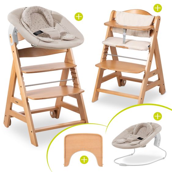 Hauck Beta Plus Natural 5-tlg. Newborn Set - Hochstuhl + 2in1 Neugeborenen-Aufsatz & Wippe + Essbrett + Sitzkissen - Disney Winnie the Pooh - Beige