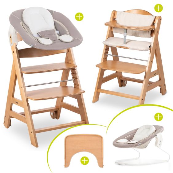 Hauck Beta Plus Natural 5-piece newborn set - high chair + 2in1 newborn attachment & bouncer + feeding board + seat cushion - Stretch Beige