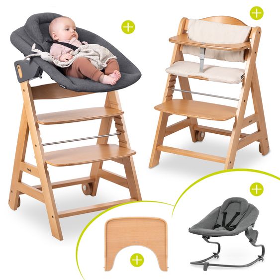 Hauck Beta Plus Natural 5-tlg. Newborn Set - Hochstuhl + 2in1 Neugeborenen-Aufsatz & Wippe Premium, Essbrett, Sitzkissen - Dark Grey