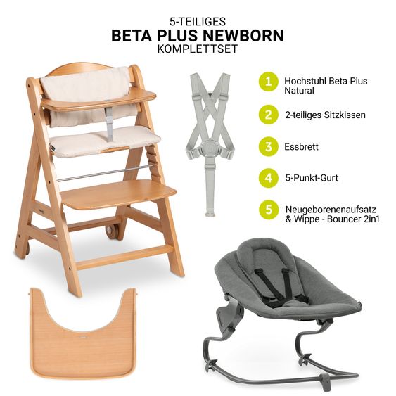 Hauck Beta Plus Natural 5-tlg. Newborn Set - Hochstuhl + 2in1 Neugeborenen-Aufsatz & Wippe Premium, Essbrett, Sitzkissen - Dark Grey