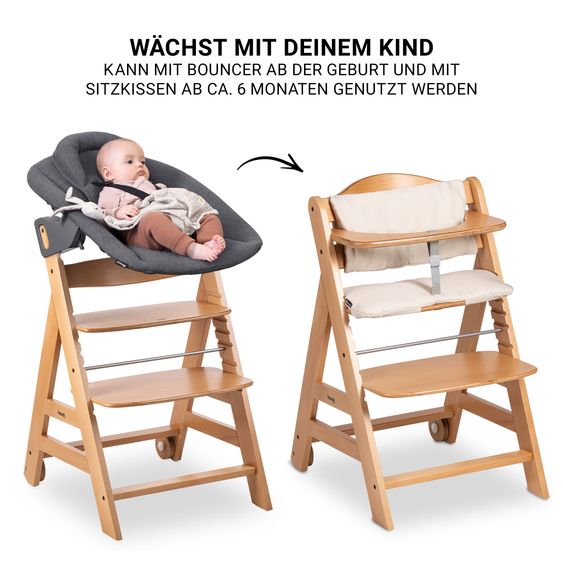 Hauck Beta Plus Natural 5-tlg. Newborn Set - Hochstuhl + 2in1 Neugeborenen-Aufsatz & Wippe Premium, Essbrett, Sitzkissen - Dark Grey