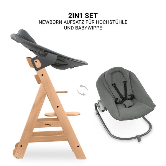 Hauck Beta Plus Natural 5-piece Newborn Set - Highchair + 2in1 newborn attachment & Premium bouncer, feeding board, seat cushion - Dark Grey