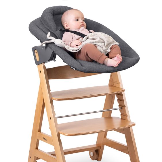 Hauck Beta Plus Natural 5-piece Newborn Set - Highchair + 2in1 newborn attachment & Premium bouncer, feeding board, seat cushion - Dark Grey