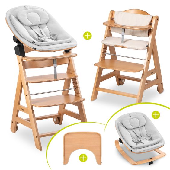 Hauck Beta Plus Natural 5-tlg. Newbornset Eco - Hochstuhl + 2in1 Babyaufsatz & Wippe, Essbrett, Sitzkissen - Light Grey