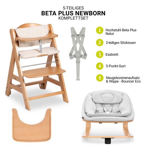 Hauck Beta Plus Natural 5-tlg. Newbornset Eco - Hochstuhl + 2in1 Babyaufsatz & Wippe, Essbrett, Sitzkissen - Light Grey