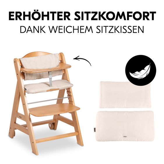 Hauck Beta Plus Natural 5-tlg. Newbornset Eco - Hochstuhl + 2in1 Babyaufsatz & Wippe, Essbrett, Sitzkissen - Light Grey