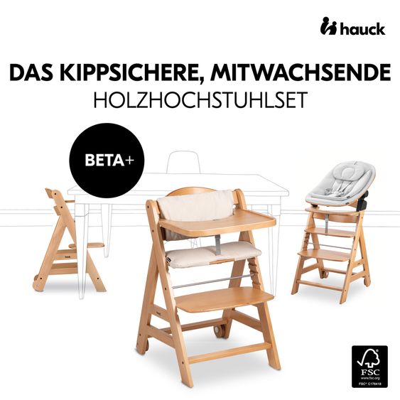 Hauck Beta Plus Natural 5-tlg. Newbornset Eco - Hochstuhl + 2in1 Babyaufsatz & Wippe, Essbrett, Sitzkissen - Light Grey