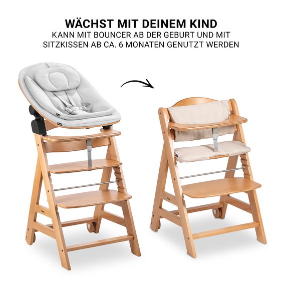 Hauck Beta Plus Natural 5-tlg. Newbornset Eco - Hochstuhl + 2in1 Babyaufsatz & Wippe, Essbrett, Sitzkissen - Light Grey