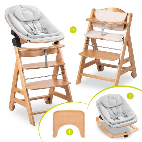 Hauck Beta Plus Natural Set Nouveau-Né 5 Pièces Eco - Chaise Haute + 2in1 Adaptateur Bébé & Bascule, Plateau Repas, Coussin D'Assise - Gris Clair