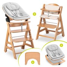 Beta Plus Natural Set Nouveau-Né 5 Pièces Eco - Chaise Haute + 2in1 Adaptateur Bébé & Bascule, Plateau Repas, Coussin D'Assise - Gris Clair