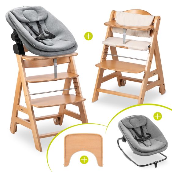 Hauck Beta Plus Natural 5-piece newborn set - high chair + 2in1 baby attachment & rocker, dining board, seat cushion - Dark Grey Melange