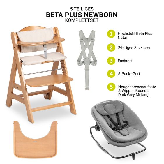 Hauck Beta Plus Natural 5-piece newborn set - high chair + 2in1 baby attachment & rocker, dining board, seat cushion - Dark Grey Melange