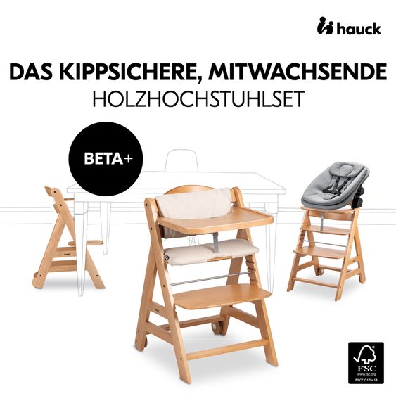 Hauck Beta Plus Natural 5-piece newborn set - high chair + 2in1 baby attachment & rocker, dining board, seat cushion - Dark Grey Melange