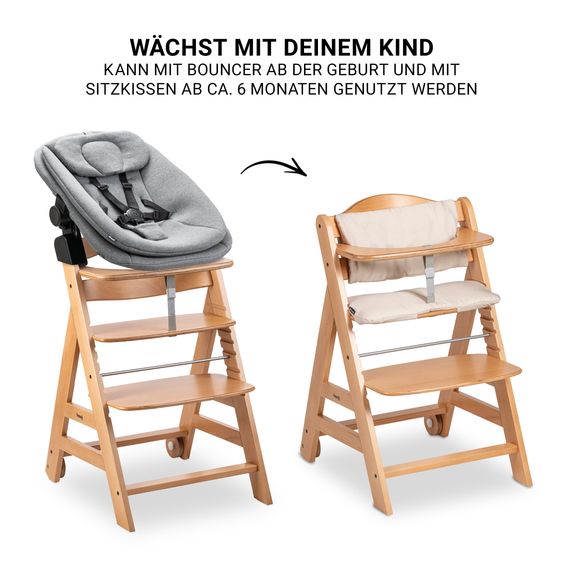 Hauck Beta Plus Natural 5-piece newborn set - high chair + 2in1 baby attachment & rocker, dining board, seat cushion - Dark Grey Melange