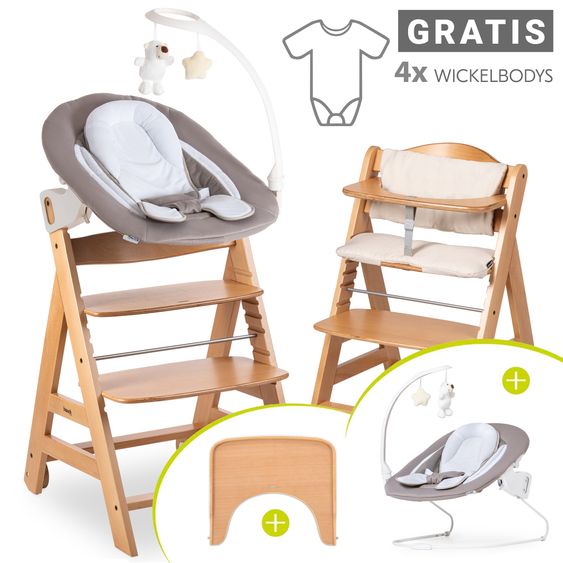 Hauck Beta Plus Natural 9-tlg. Newborn Set - Hochstuhl + 2in1 Neugeborenen-Aufsatz & Wippe Deluxe + Essbrett + Sitzpolster + GRATIS Langarmbody 4er Pack - Sand