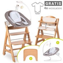 Beta Plus Natural 9-tlg. Newborn Set - Hochstuhl + 2in1 Neugeborenen-Aufsatz & Wippe Deluxe + Essbrett + Sitzpolster + GRATIS Langarmbody 4er Pack - Sand